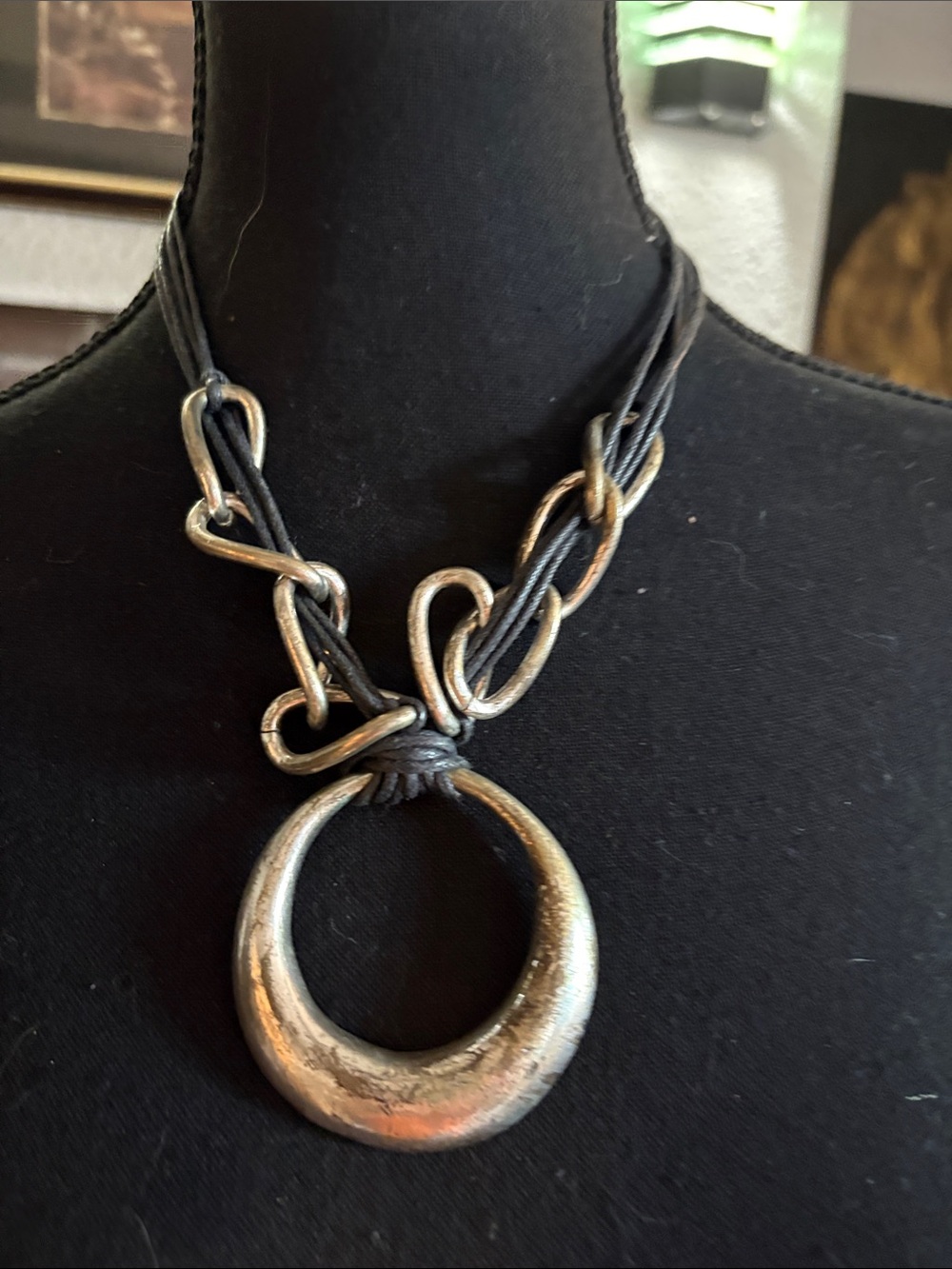 Vintage Black and Antiqued Silver Crescent Necklace